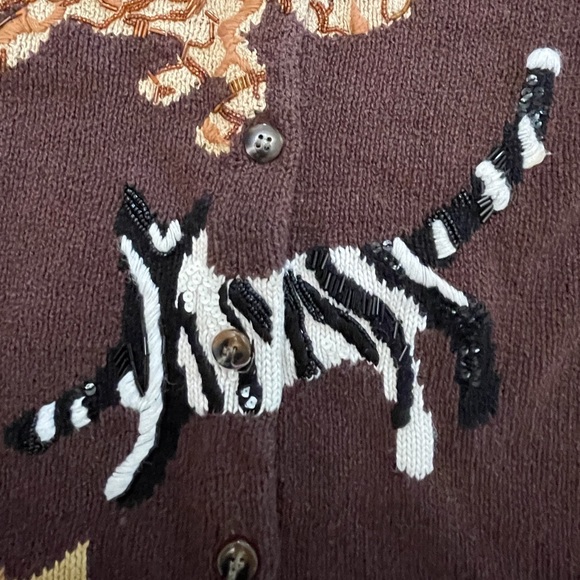 Susan Bristol Cat Sweater Cardigan Beads Sequins Kamala Brown Petite Size L - Picture 7 of 8
